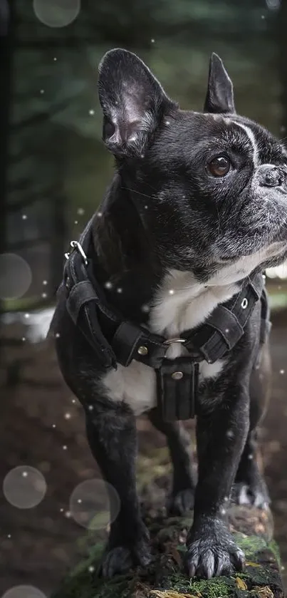 French Bulldog standing on a mossy log in a tranquil forest.