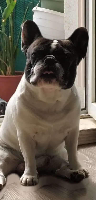 Adorable French Bulldog sitting by the door in sunlight, with house plants in the background.