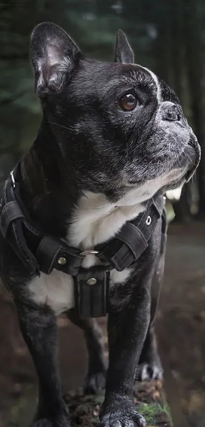 French Bulldog with harness in green forest background.