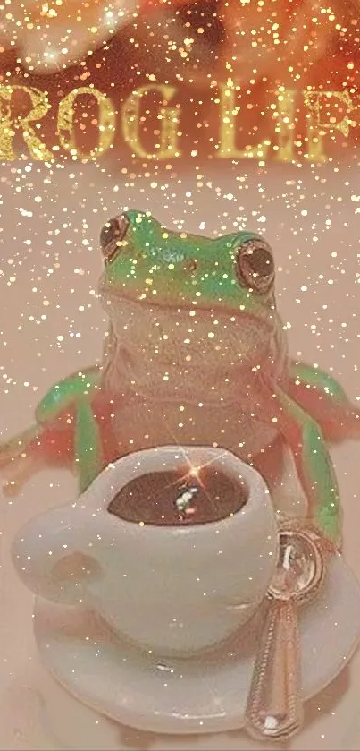 Whimsical frog enjoys coffee with golden sparkles.