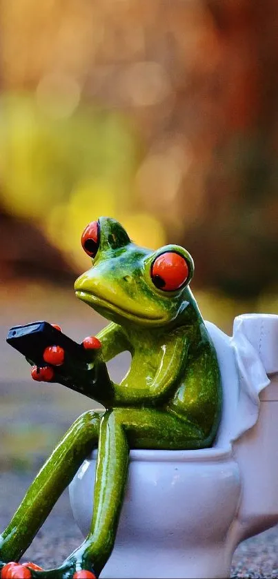 Whimsical frog figurines relaxing in a bathroom setting.