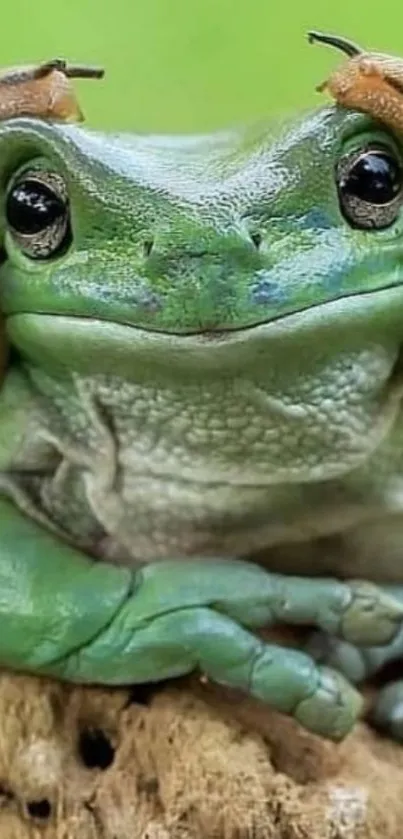 Green frog resting on a log with natural background.