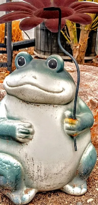 Charming frog statue holding a flower in a garden.