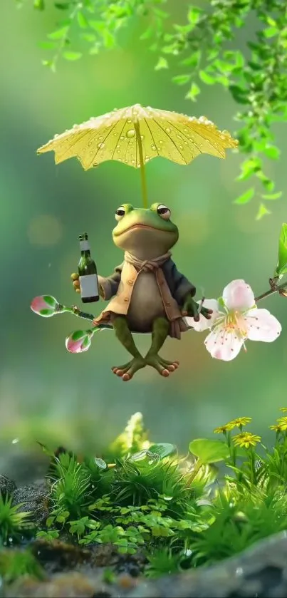 Stylish frog with yellow umbrella in a lush green setting.