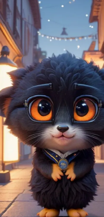 Furry cartoon cat with big eyes at night.