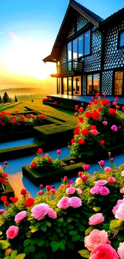 Cottage garden in sunrise with vibrant roses.