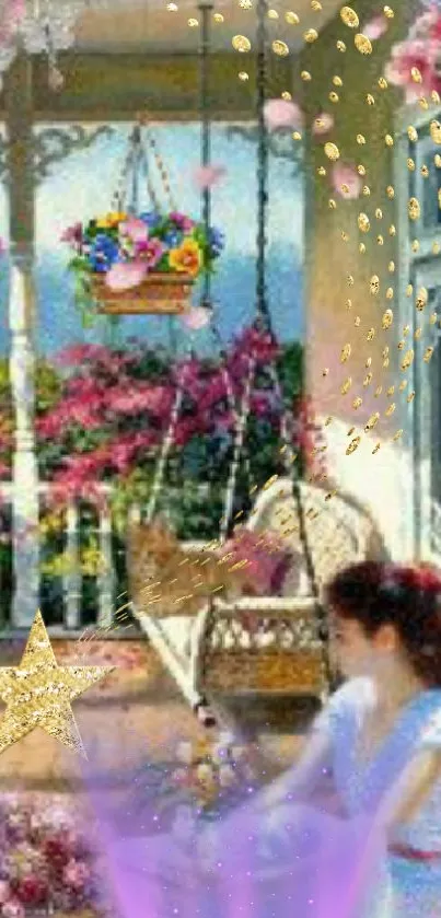 Woman relaxing on a floral balcony swing in a serene garden setting.