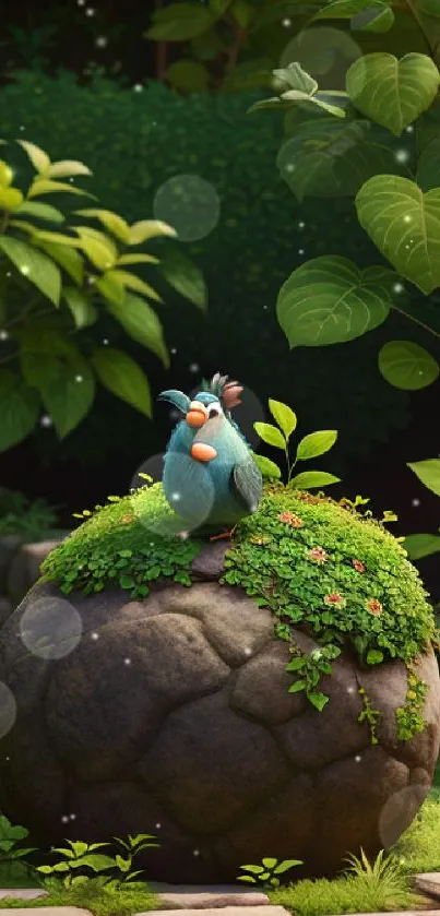 A whimsical, vibrant bird perched on a mossy rock in a lush green garden.