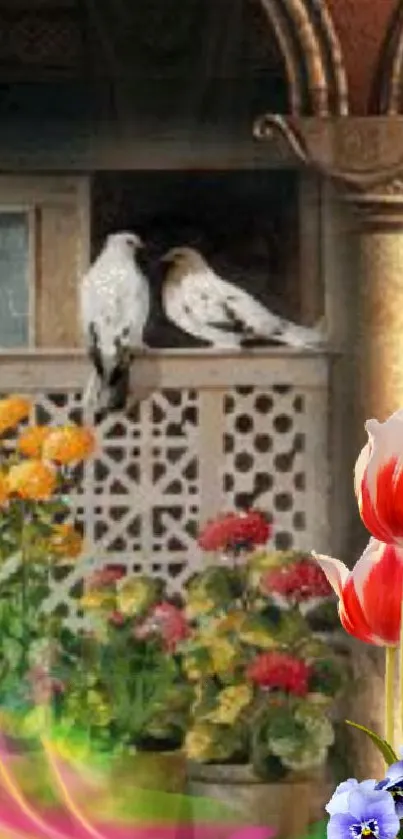 Birds among vibrant garden flowers with elegant architectural backdrop.