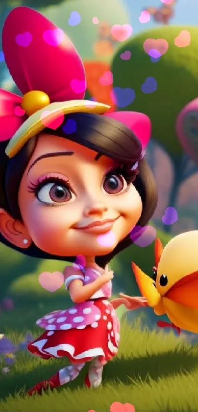 Cute cartoon character in vibrant pink garden setting.