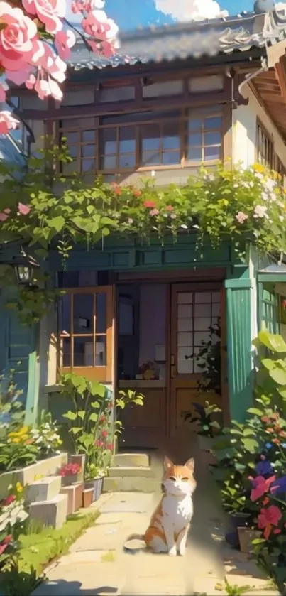 Charming garden cottage with dog and flowers.
