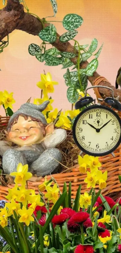 Charming garden fairy scene with vibrant flowers and vintage clock in basket.