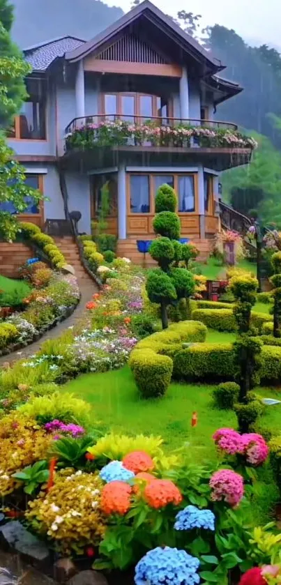 Charming house with vibrant garden and lush greenery in serene landscape.