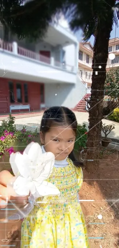 Girl holding a flower in a garden wallpaper scene.