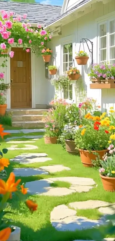 Lush garden pathway with colorful flowers and potted plants.