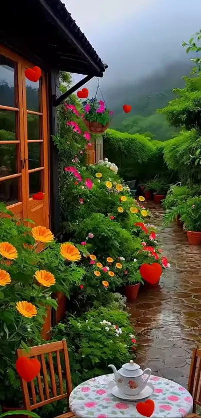 Charming garden path with vibrant flowers and lush greenery.