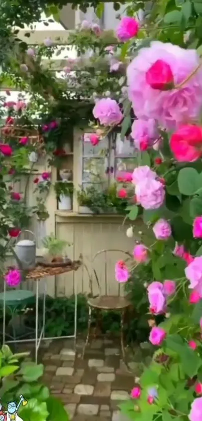 Charming garden with vibrant pink roses and lush greenery.