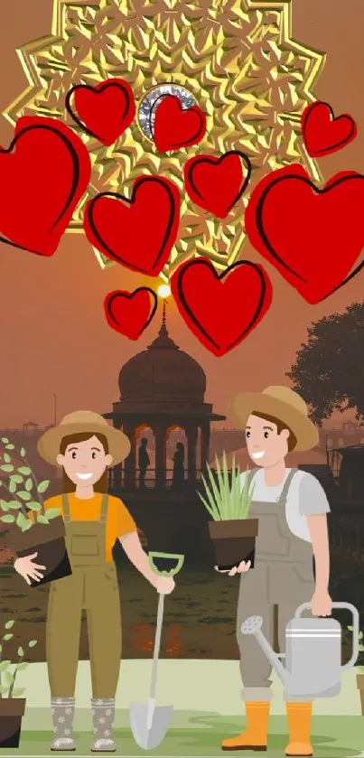 Heartfelt garden scene with red hearts and gardeners on a lakeside backdrop.