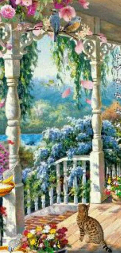 Charming veranda with flowers and cat in a garden scene.