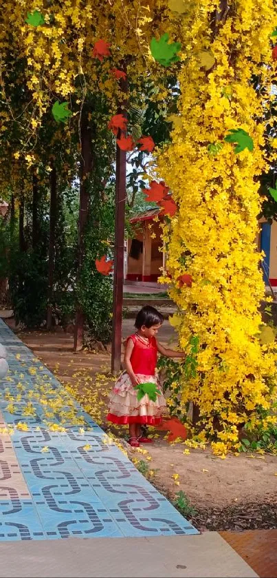 Child in garden with yellow flowers and teddy bear.