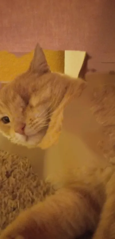 Cozy ginger cat with one eye lounging peacefully.