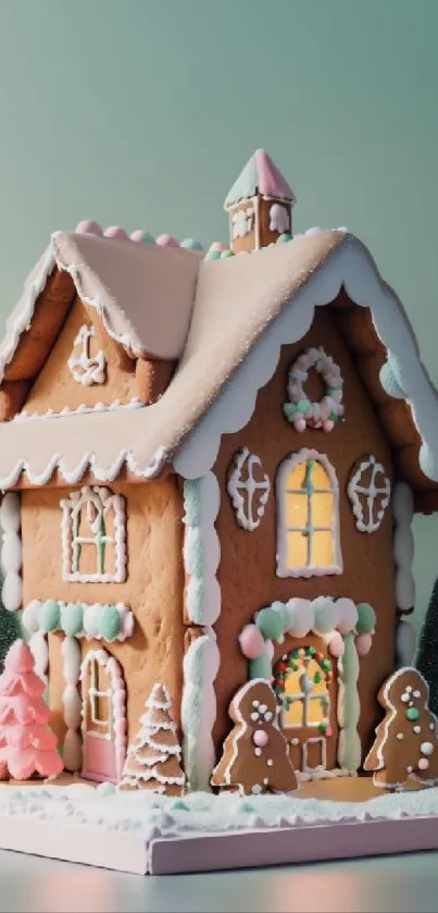 Festive gingerbread house with colorful icing decorations and trees.