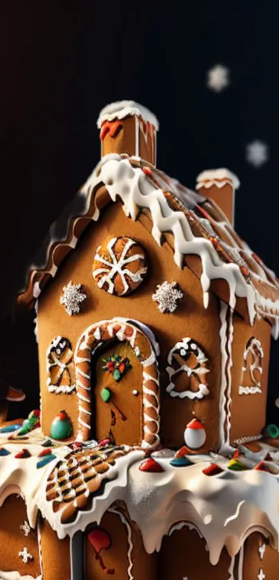 Whimsical gingerbread house with candy decorations and icing details.