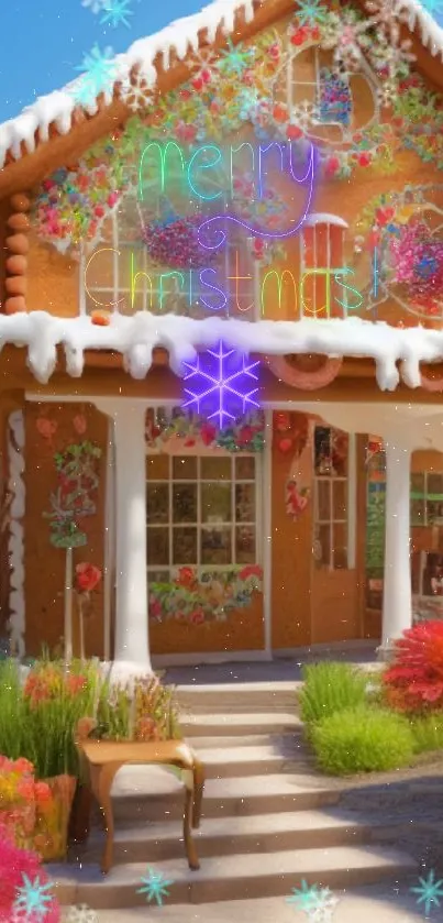 Charming gingerbread house with colorful decoration and snowy icing.