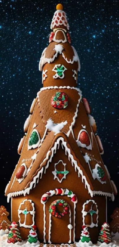 Gingerbread house with festive decorations under a starry night sky.
