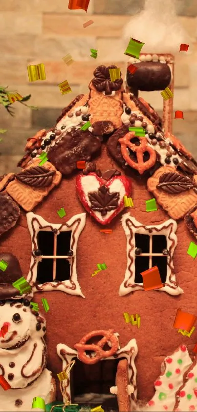 Gingerbread house with a snowman and holiday decorations in cozy setting.