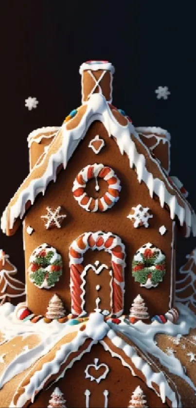 Gingerbread house with icing details on a festive wallpaper background.