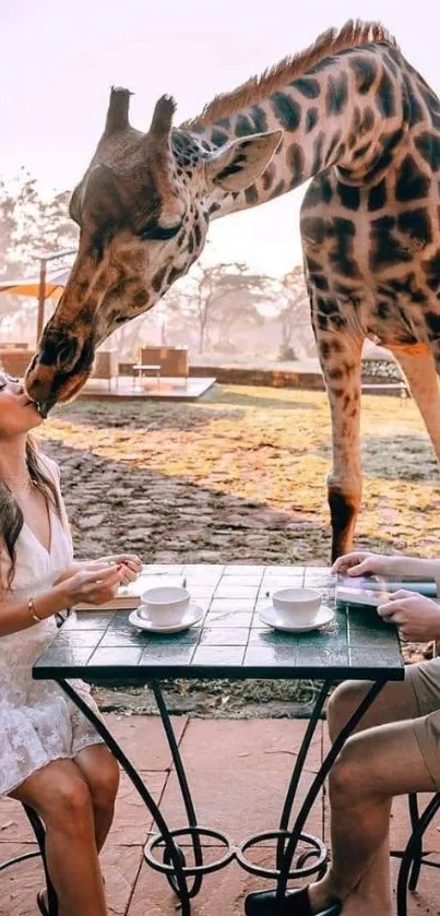 Charming outdoor cafe with giraffe interaction.