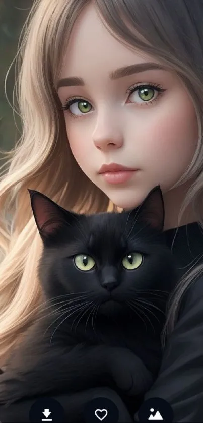 Digital art of a girl holding a black cat with captivating eyes.