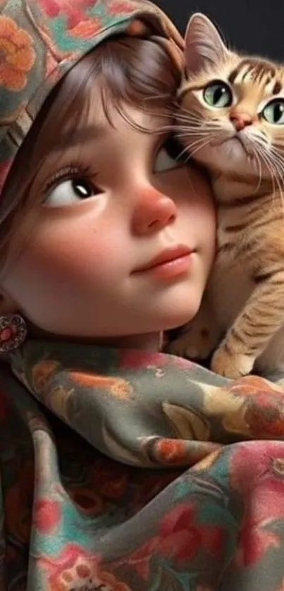 Charming artwork of a girl with a cat, wrapped in a floral pattern.