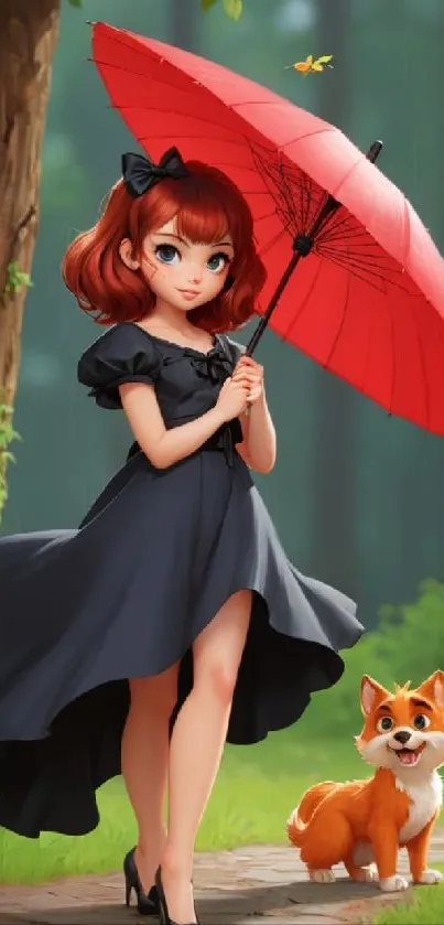 Cartoon girl with red umbrella in forest.