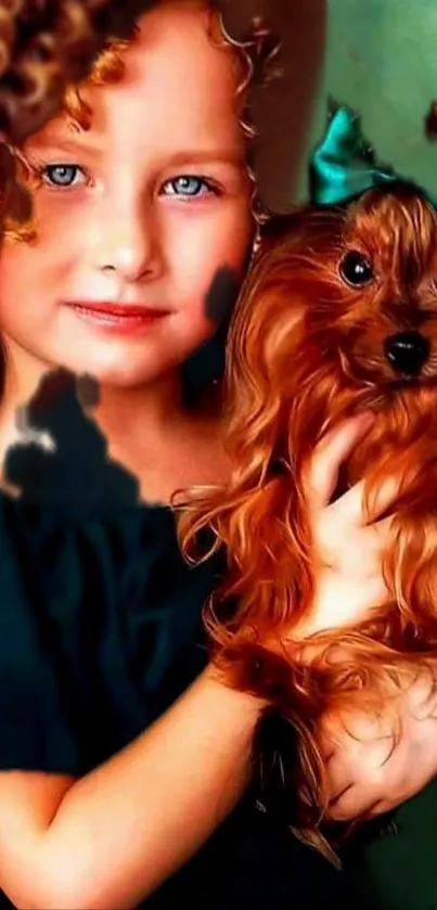 Young girl with curly hair holding a cute dog.