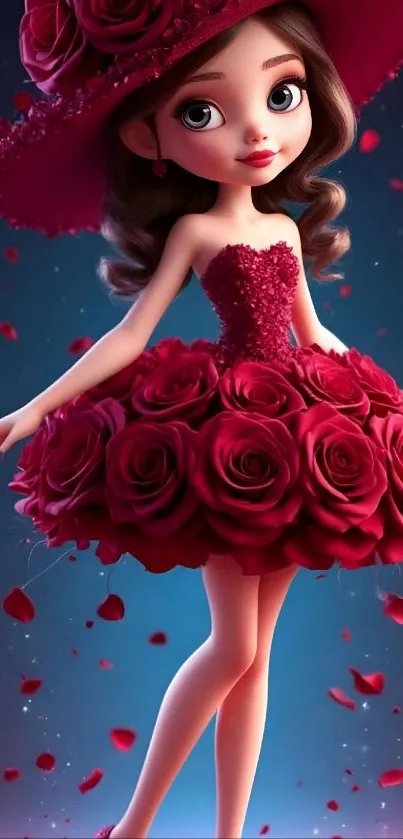 Cartoon girl in a red floral dress