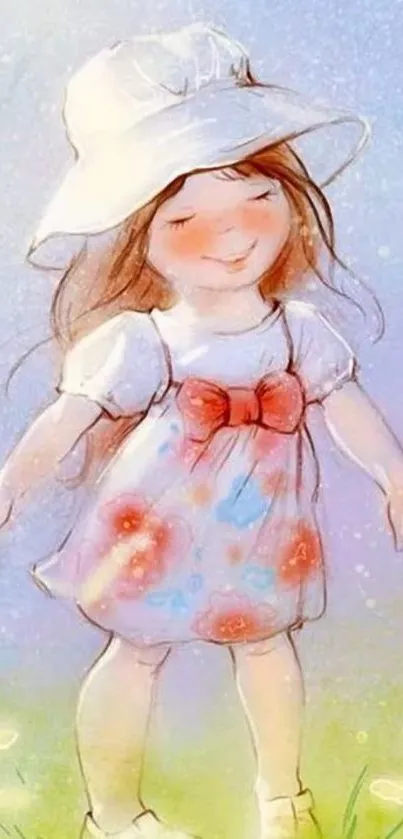 Illustration of a girl in a floral dress with a hat.