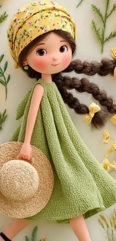 Illustration of a charming girl in a green dress with braided hair and floral background.