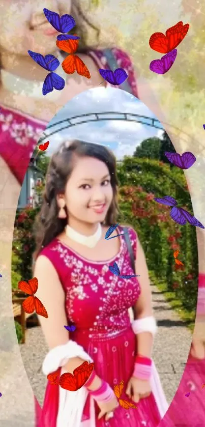 A smiling girl in a pink dress amidst nature setting.