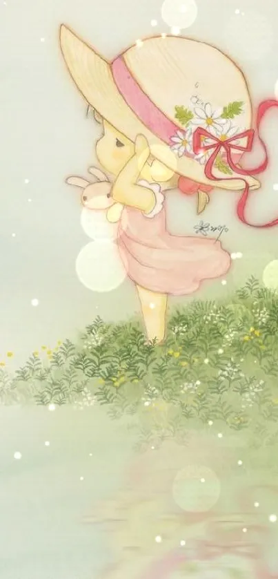 Cartoon girl in pastel dress with bunny, in nature setting.