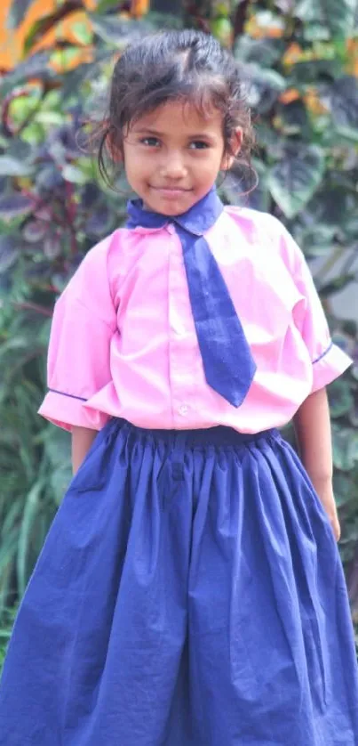 Young girl in pink dress with nature background.