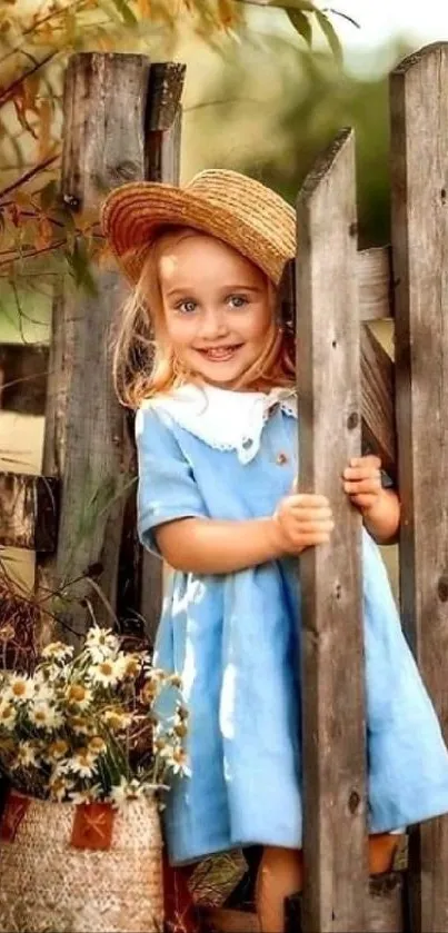 Charming girl in blue dress by rustic fence and garden flowers.