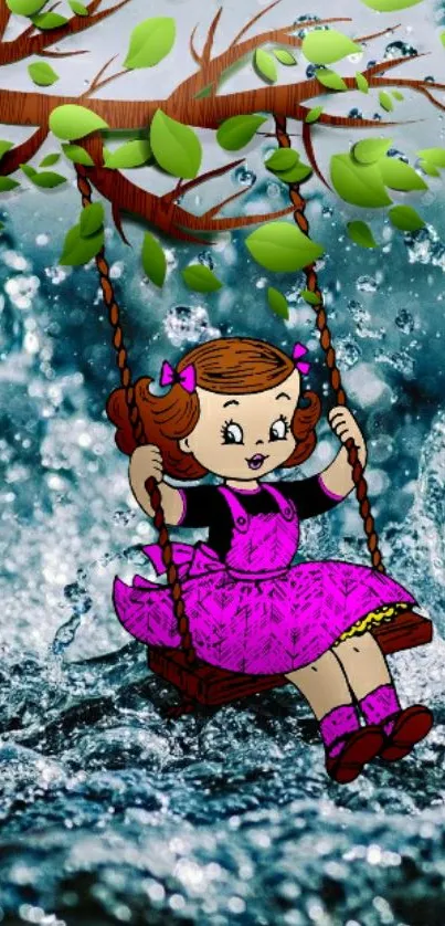 Cartoon girl swings with water splash background.