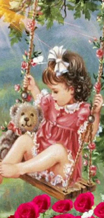 Girl on a swing with teddy bear, surrounded by flowers.