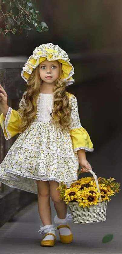 Girl in vintage dress holding basket of sunflowers on a serene path.