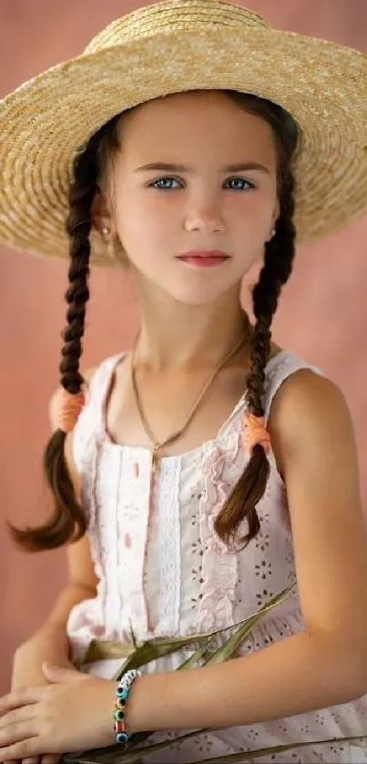 Young girl with braids and hat against a peach background.