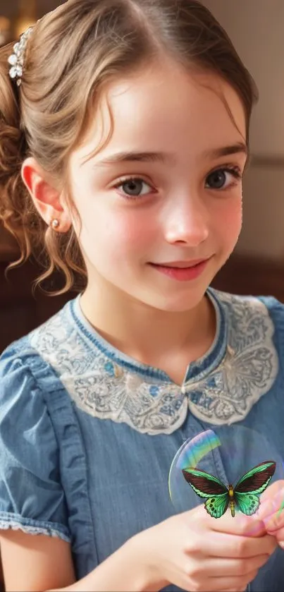 Young girl in blue dress with butterfly, smiling gently.