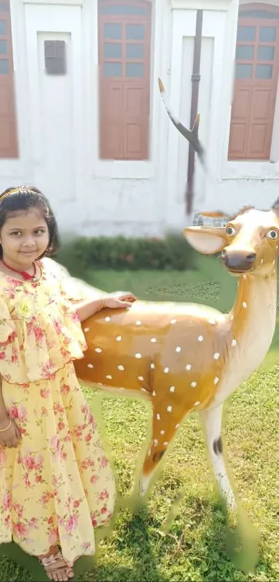 Girl in a floral dress with a deer statue in a garden.