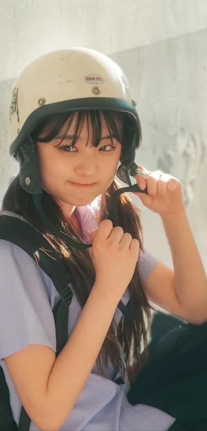 Girl wearing a helmet and backpack in soft sunlight.